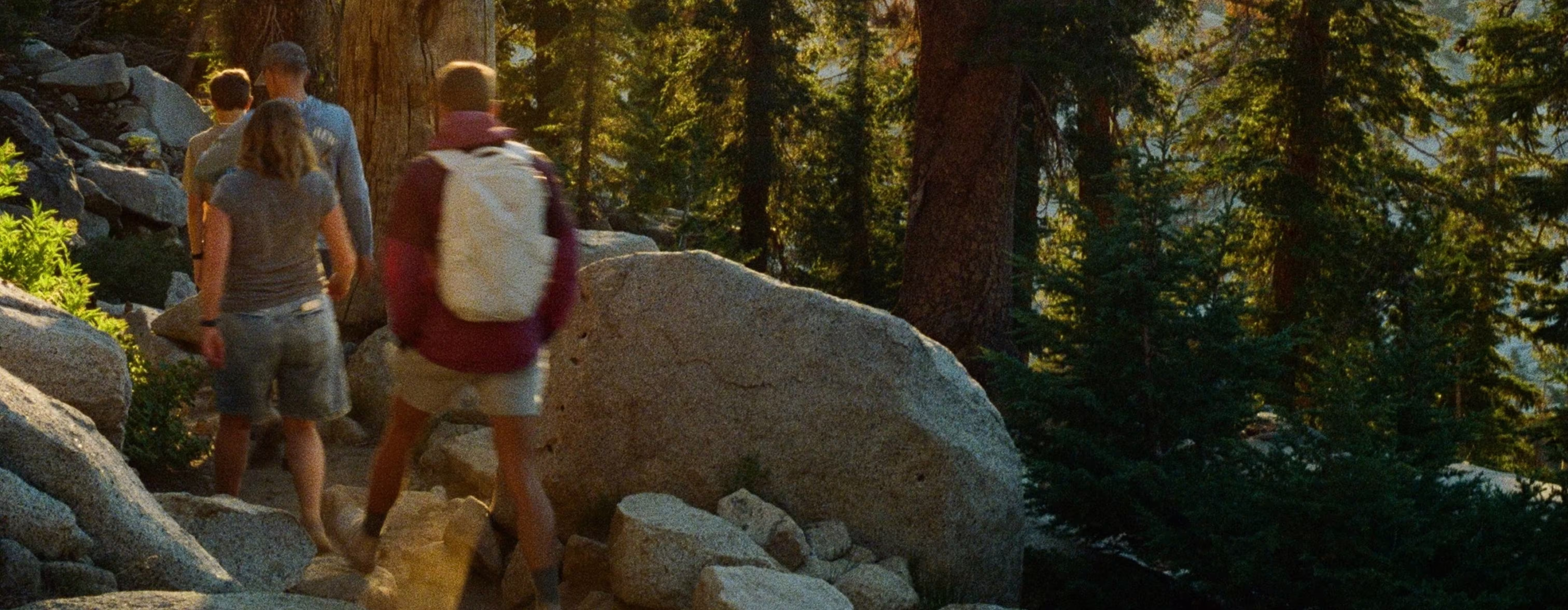 Group of four people hiking on a rocky forest trail surrounded by trees and large boulders during daylight.