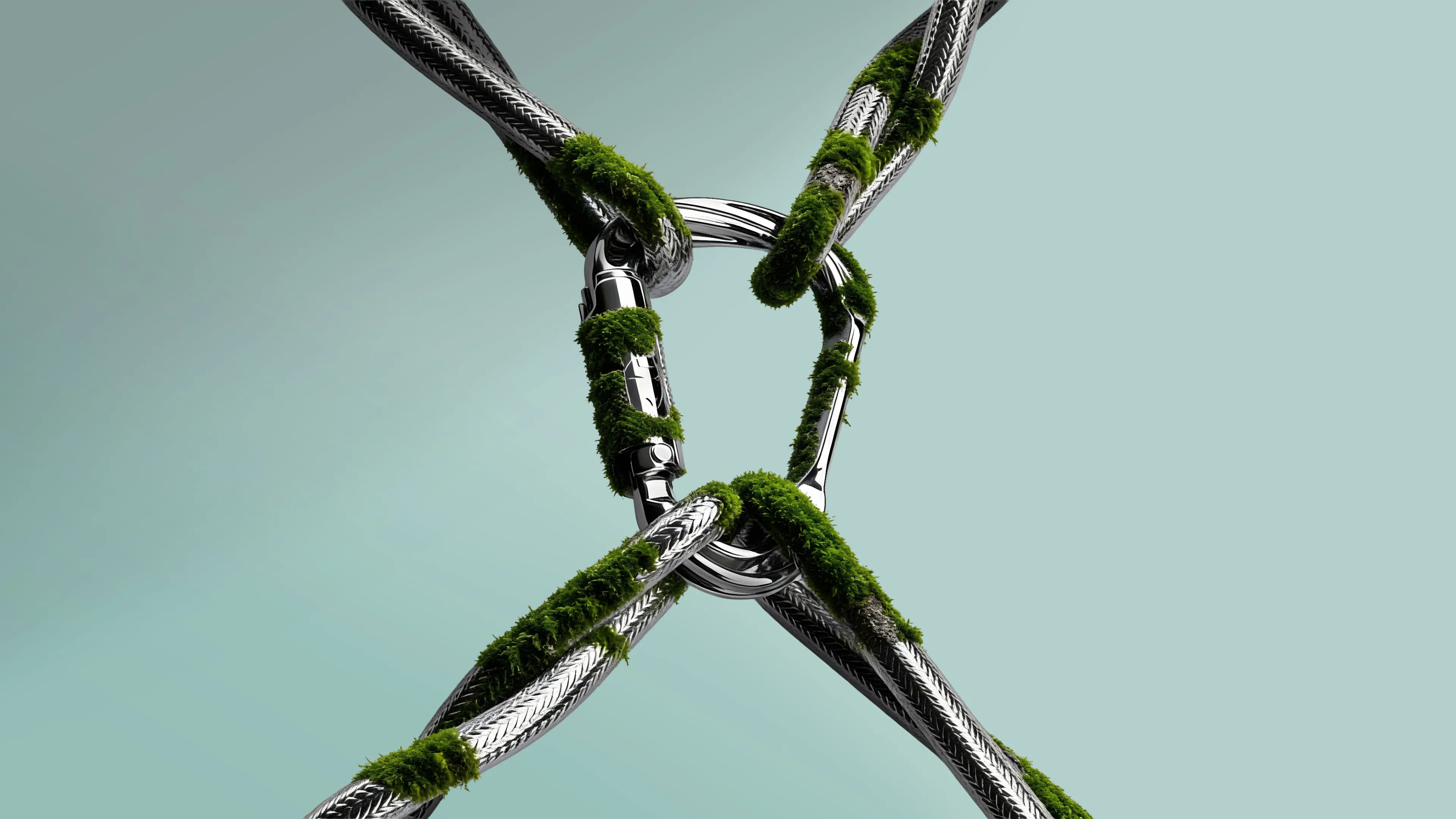 Metal carabiner connected to ropes with green moss growing on them against a light blue background.