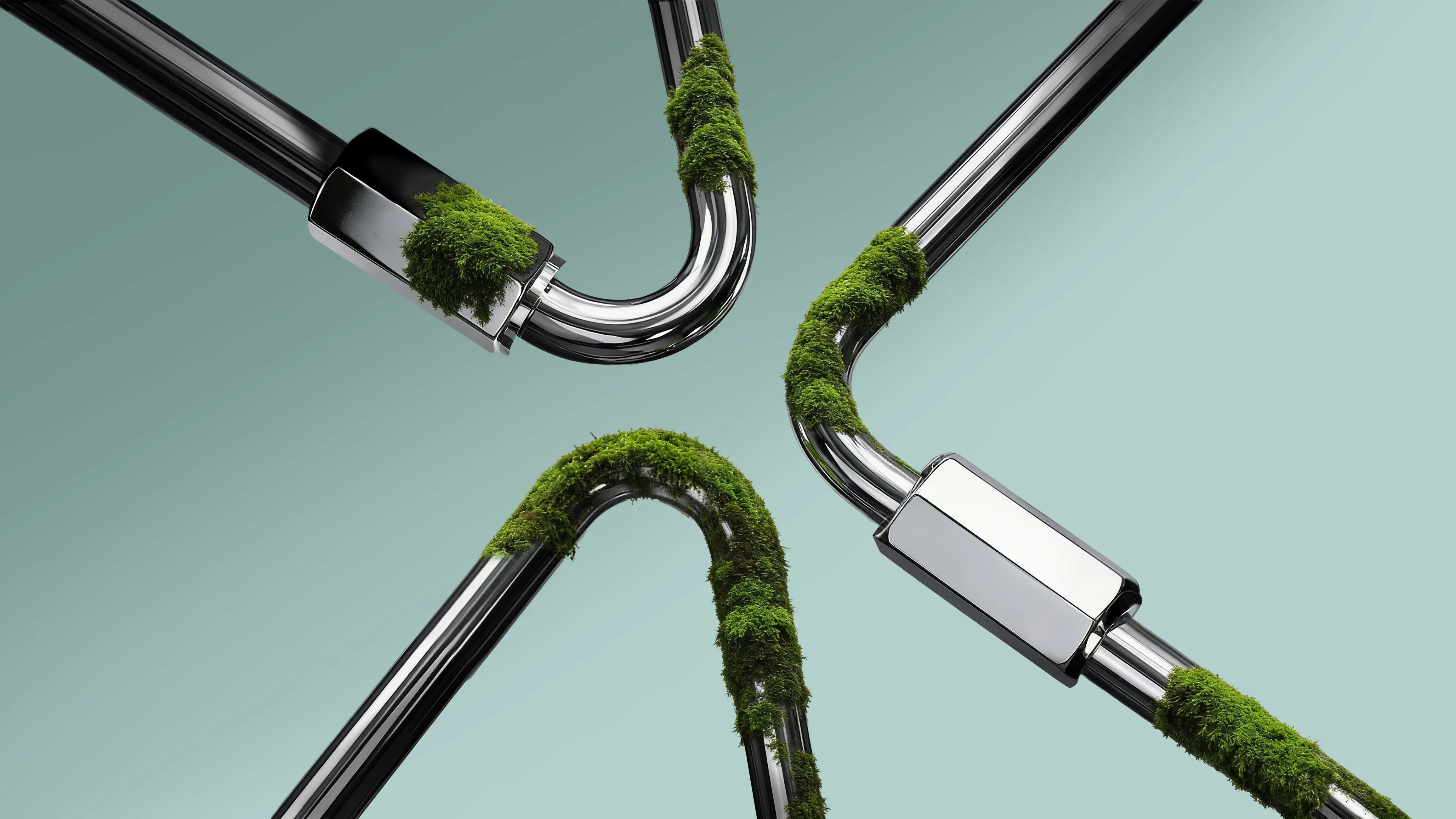 Four shiny metal pipes with green moss growing on sections against a light blue background.
