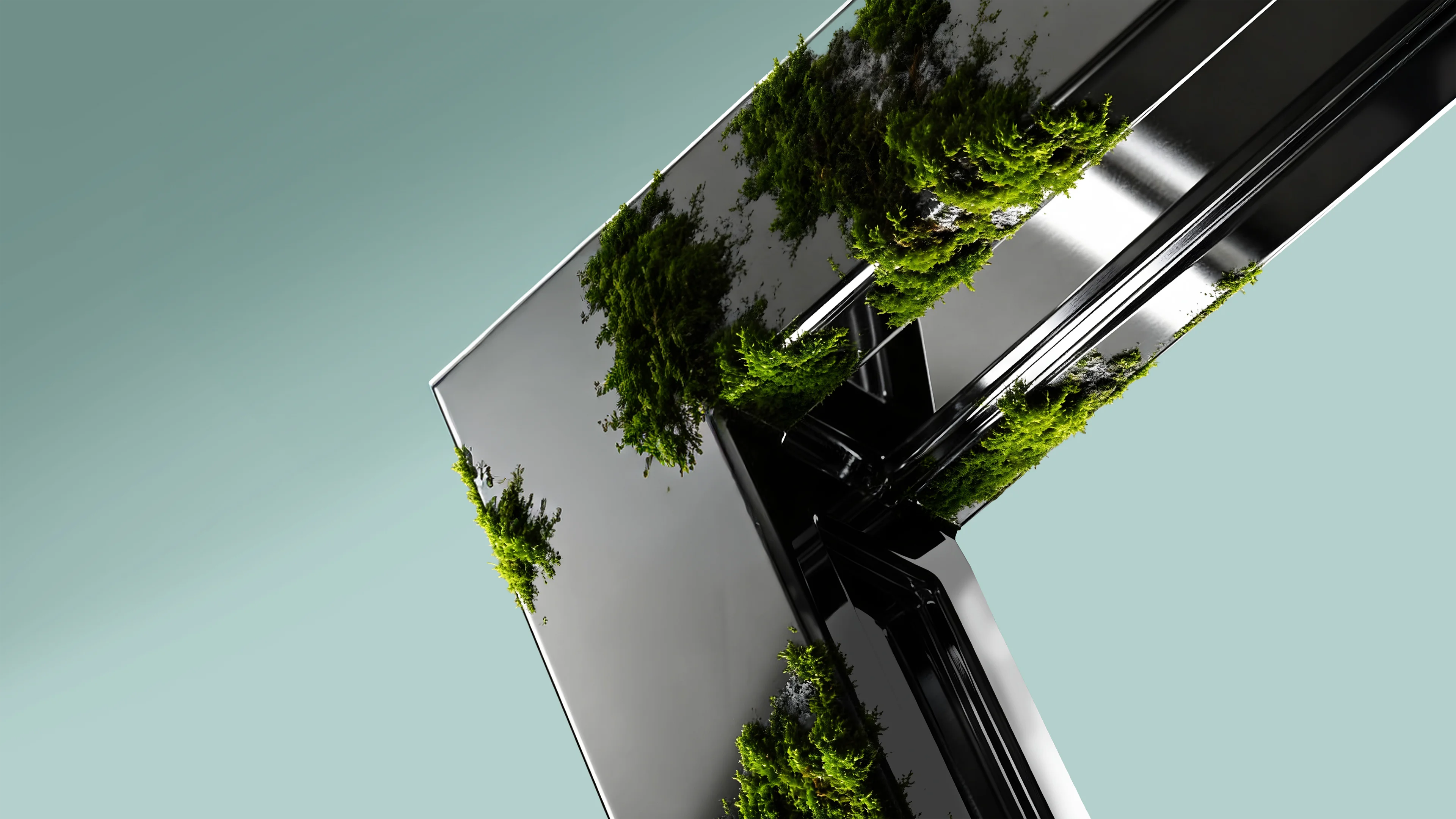 Glossy metalic corner with patches of green moss on a gradient teal background.