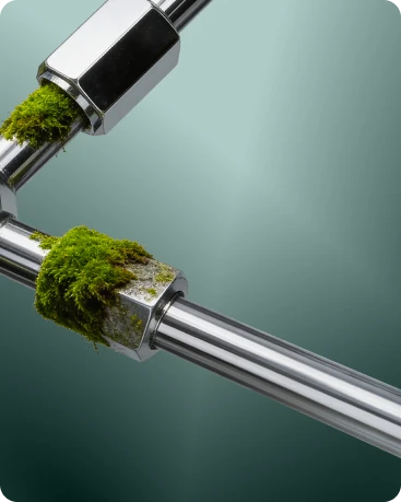 Close-up of metal pipe joints with green moss growing on and around them against a muted background.