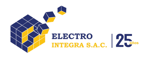 Electro Integral S.A.C. logo with blue and yellow blocks forming a cube, alongside text celebrating 25 years.