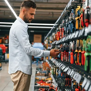 Man in light blue shirt selecting a tool from a store shelf with various hand tools displayed.