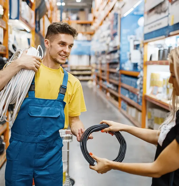 Male store employee in blue overalls handing a coil of black wire to a female customer in a hardware store aisle.