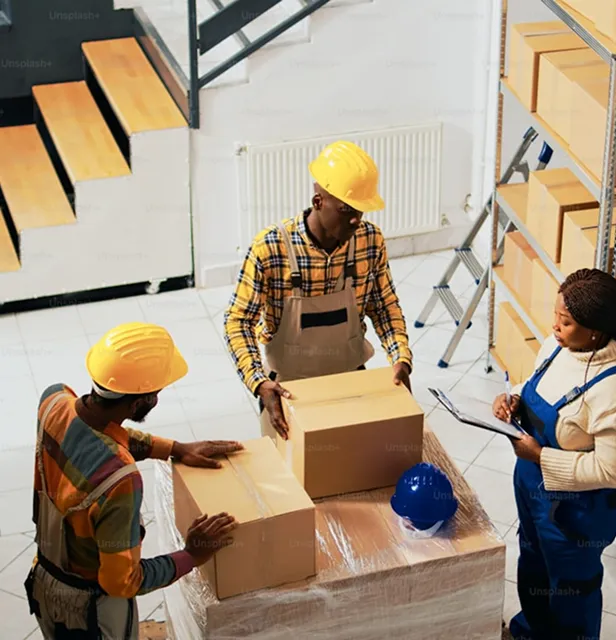 Three warehouse workers wearing safety helmets handling cardboard boxes, with one worker checking inventory on a clipboard.