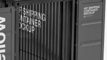 Close-up of a black shipping container with text reading '4GF SHIPPING CONTAINER MOCKUP' on the door and side.