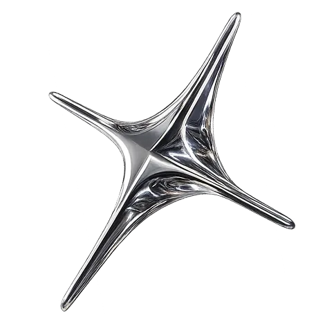 Shiny metallic abstract sculpture with four elongated curved points.