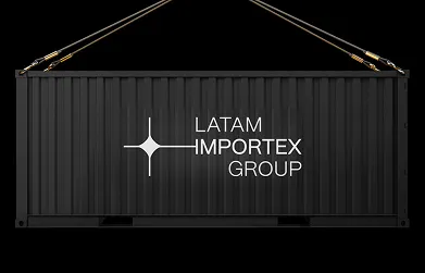 Black shipping container suspended by cables with the white LATAM IMPORTEX GROUP logo on its side.