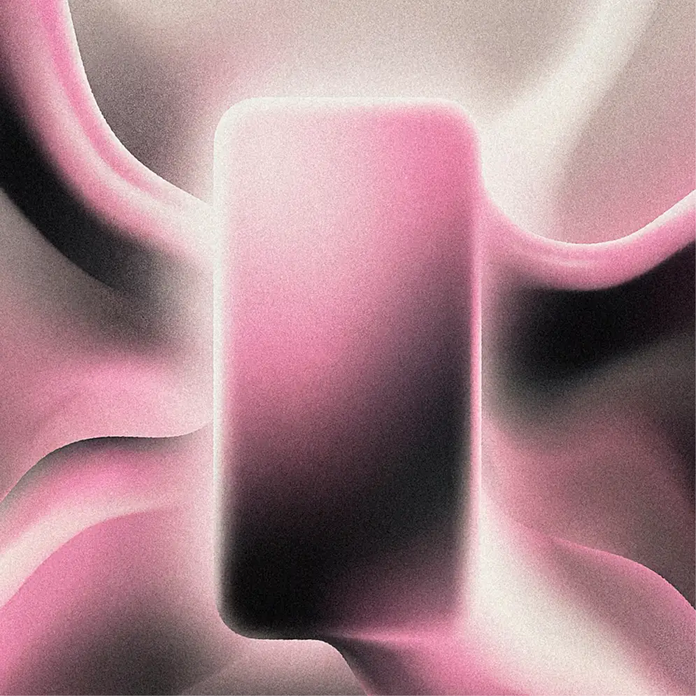 Abstract digital artwork with smooth pink, black, and white flowing shapes and gradients.