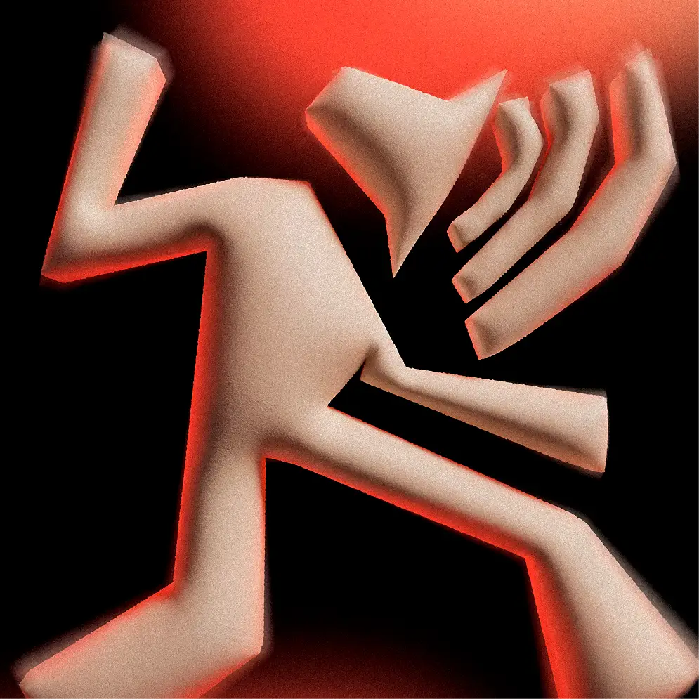 Abstract, angular humanoid figure in light beige with red glow on a black background.