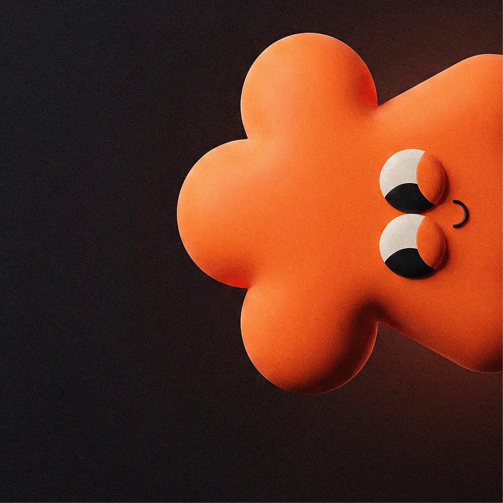 Orange flower-shaped character with large eyes and a small smile on a dark background.