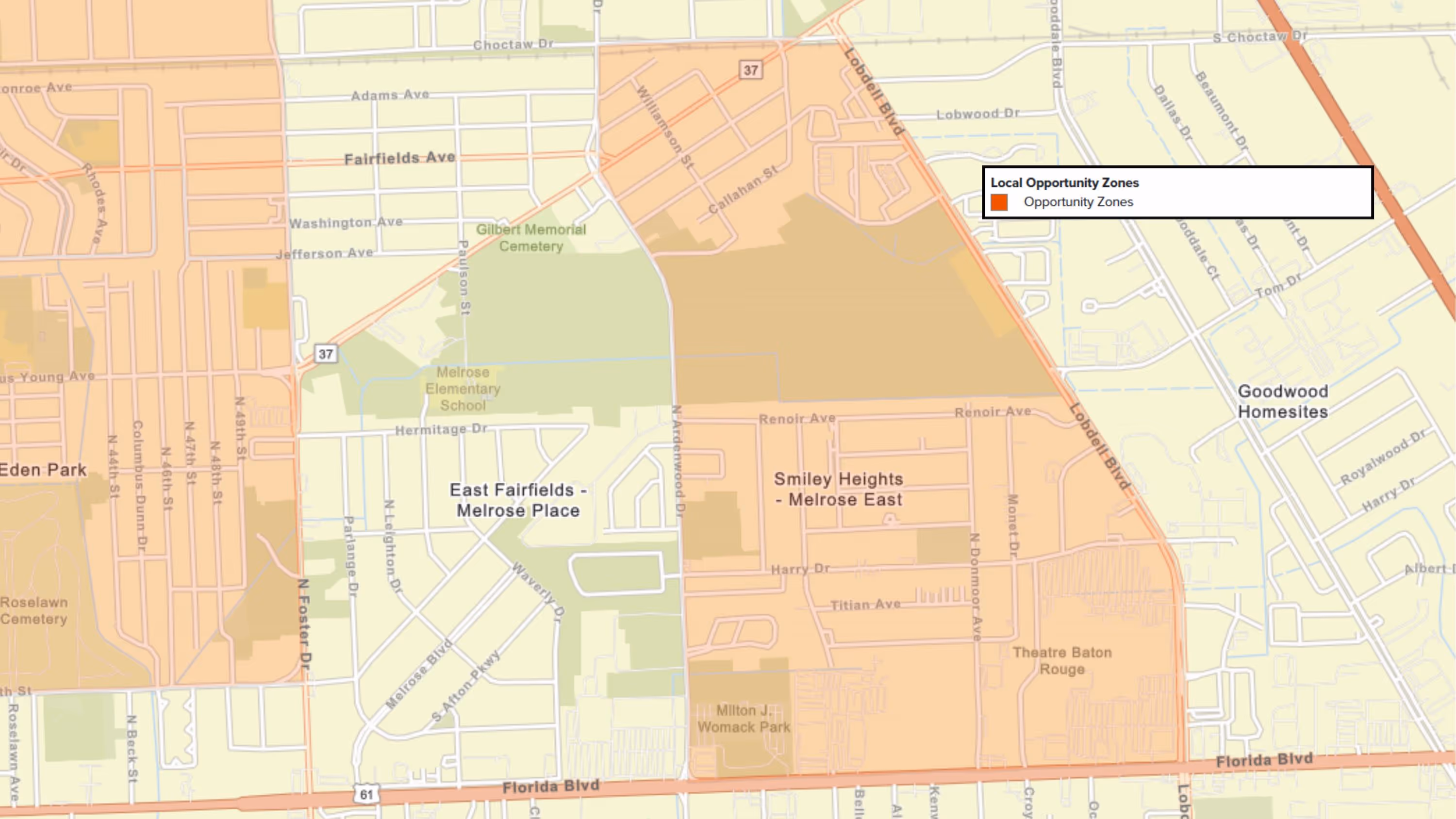 Map highlighting local opportunity zones in East Fairfields - Melrose Place and Smiley Heights - Melrose East neighborhoods around Florida Blvd.