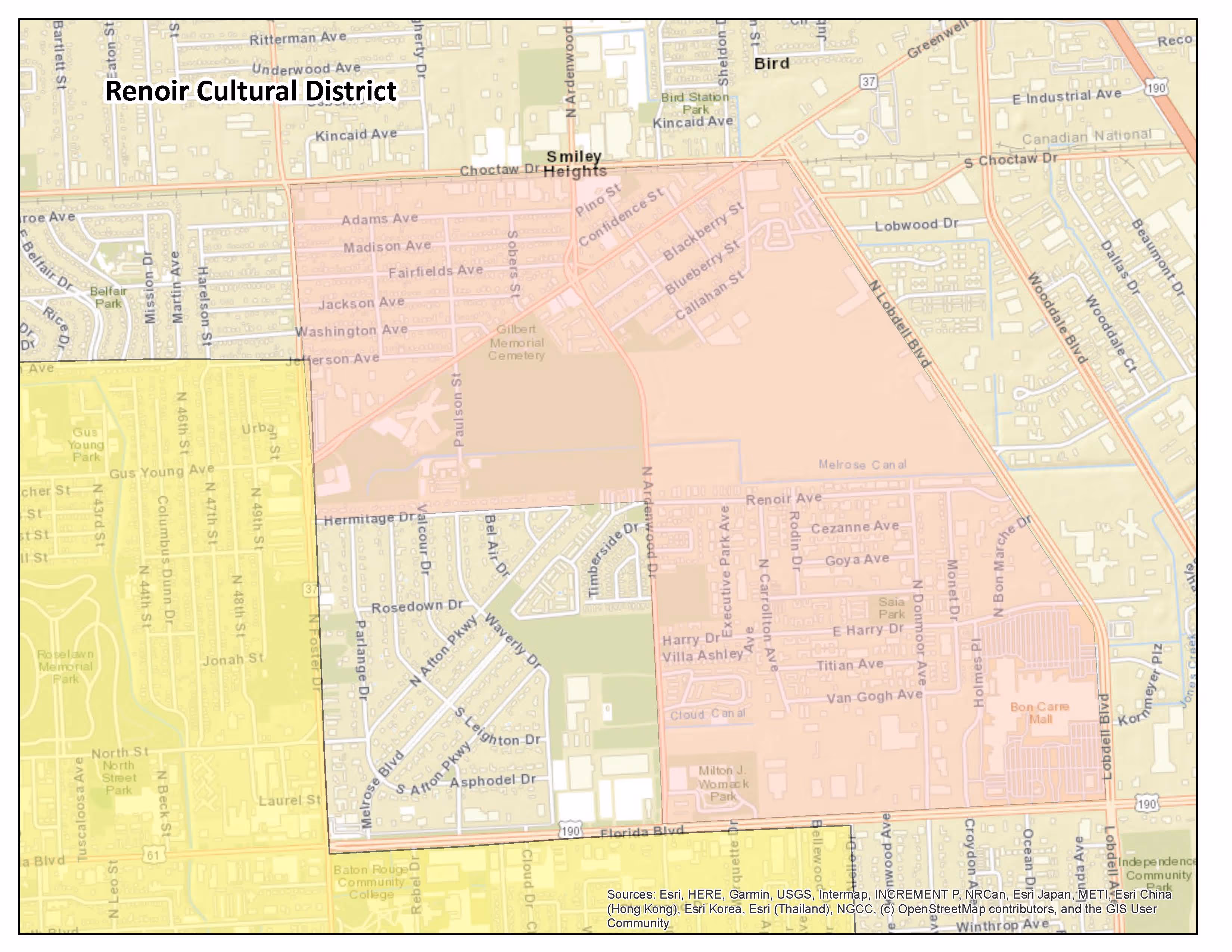 Map highlighting the Renoir Cultural District in pink with surrounding areas in yellow, showing street names, parks, and landmarks like Bon Carre Mall and Gilbert Memorial Cemetery.