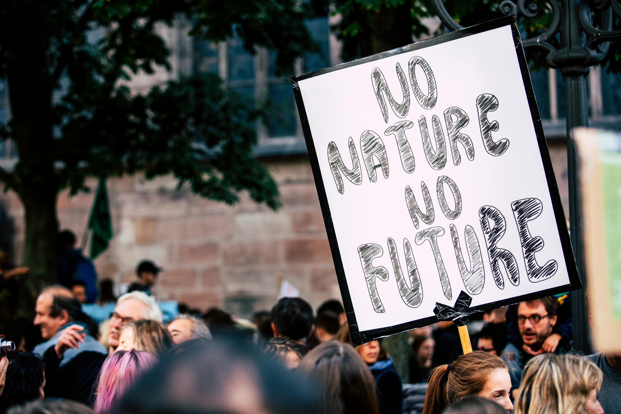 Crowd of people at a protest with a person holding a sign that reads 'NO NATURE NO FUTURE.'