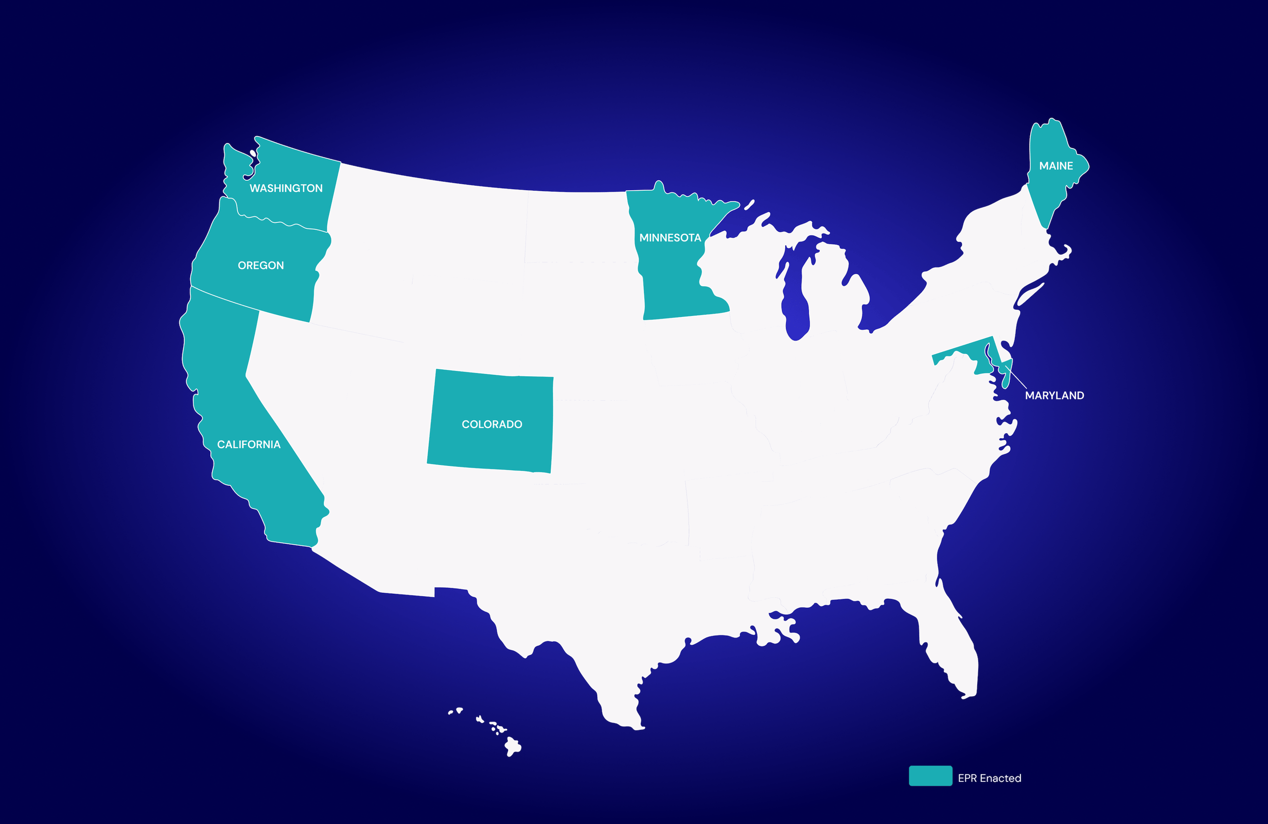 Map of the United States with Washington, Oregon, California, Colorado, Minnesota, Maine, and Maryland highlighted to indicate EPR enacted states.