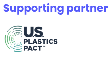 Text reading 'Supporting partner' above the U.S. Plastics Pact logo with circular green and blue lines.
