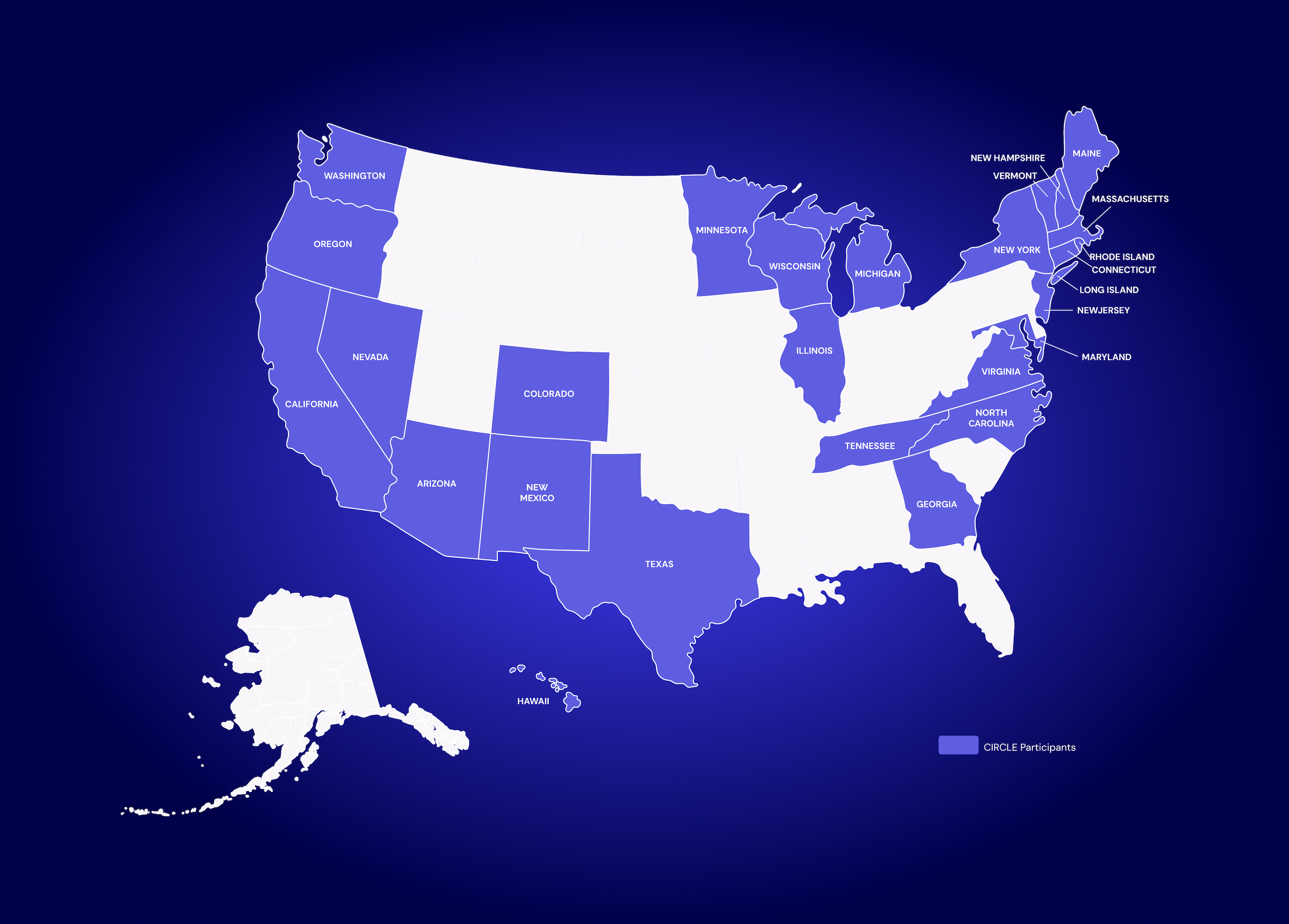 Map of the United States highlighting 20 states participating in the CIRCLE program in purple.