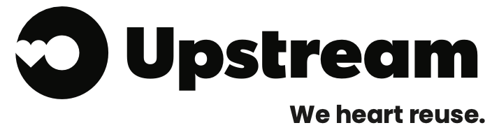 Upstream logo with a stylized circular icon and the tagline 'We heart reuse.'