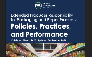 Cover page titled 'Extended Producer Responsibility for Packaging and Paper Products: Policies, Practices, and Performance' with a blurred supermarket aisle background.