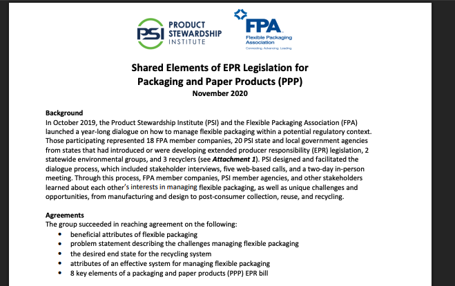 Document titled 'Shared Elements of EPR Legislation for Packaging and Paper Products (PPP) November 2020' with logos of Product Stewardship Institute and Flexible Packaging Association, containing background and agreement bullet points about managing flexible packaging under extended producer responsibility legislation.