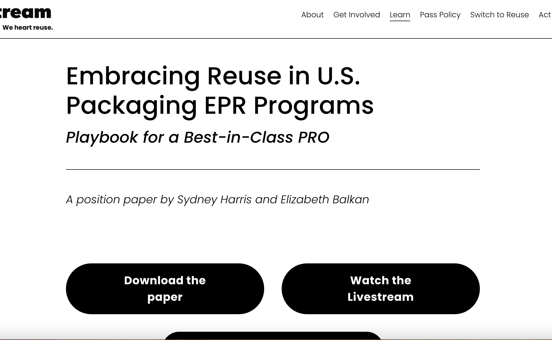 Webpage header titled 'Embracing Reuse in U.S. Packaging EPR Programs' with subtitle 'Playbook for a Best-in-Class PRO' and buttons to download the paper or watch the livestream.