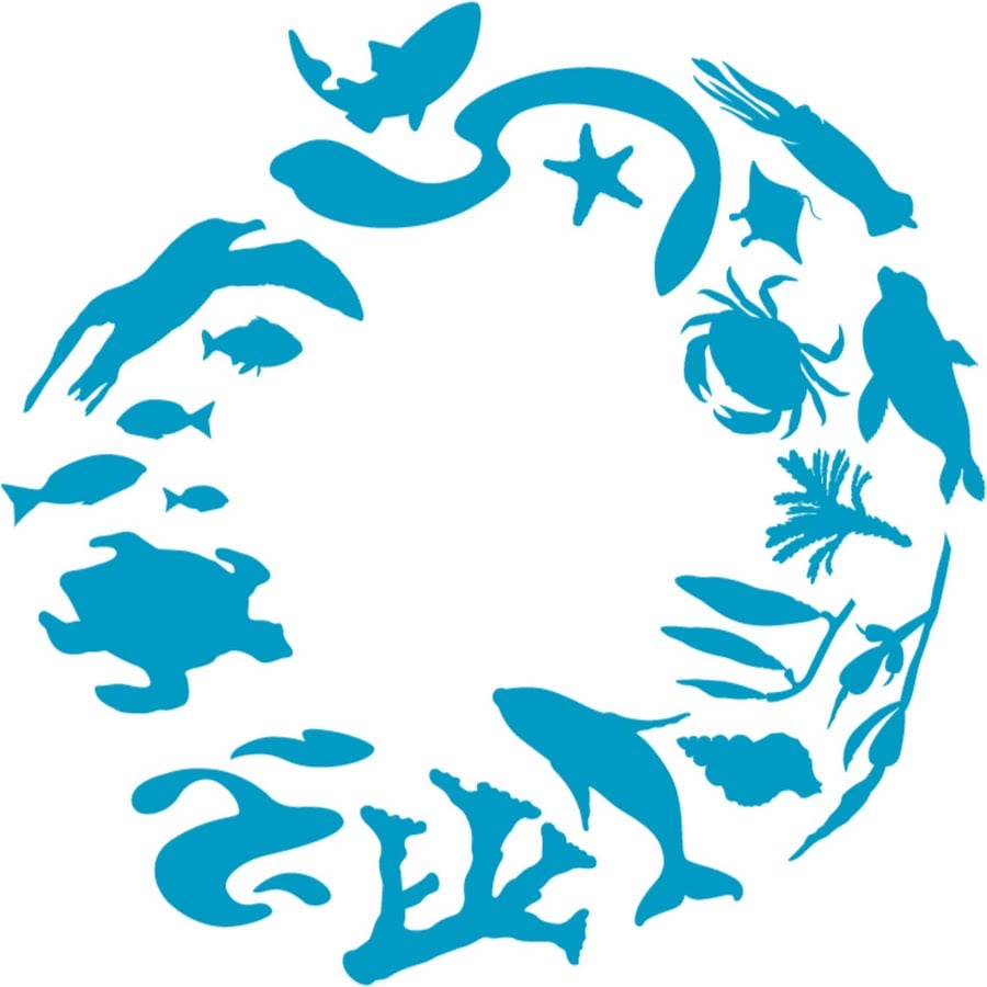 Blue silhouettes of various marine animals and plants arranged in a circular pattern on white background.