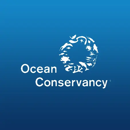 Ocean Conservancy logo with white text and marine life silhouettes forming a circle on a blue gradient background.