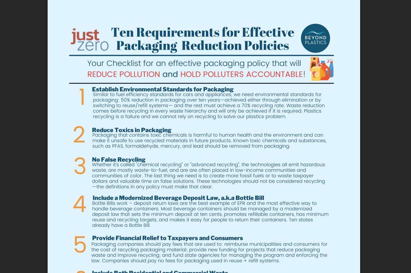 Infographic titled 'Ten Requirements for Effective Packaging Reduction Policies' with checklist points on environmental standards, toxic reduction, false recycling prevention, beverage deposit laws, and financial relief for consumers.