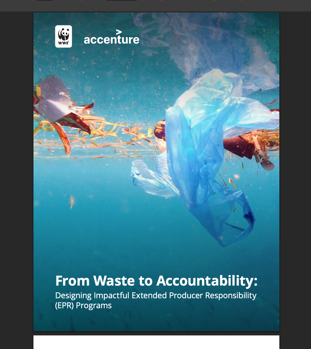 Underwater image showing a large blue plastic bag floating near a person and aquatic plants, with WWF and Accenture logos and text about designing impactful extended producer responsibility programs.