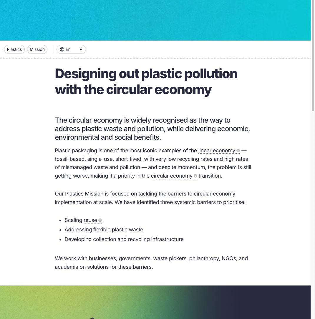 Webpage titled 'Designing out plastic pollution with the circular economy' discussing circular economy's role in addressing plastic waste and listing barriers to implementation.