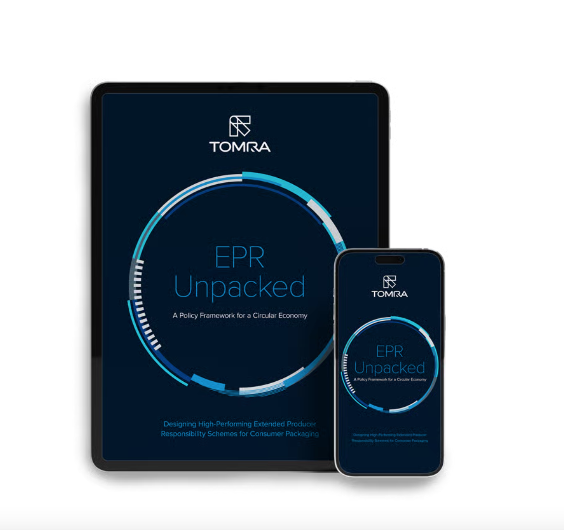 Tablet and smartphone displaying a digital cover titled 'EPR Unpacked: A Policy Framework for a Circular Economy' by TOMRA with a circular graphic element.