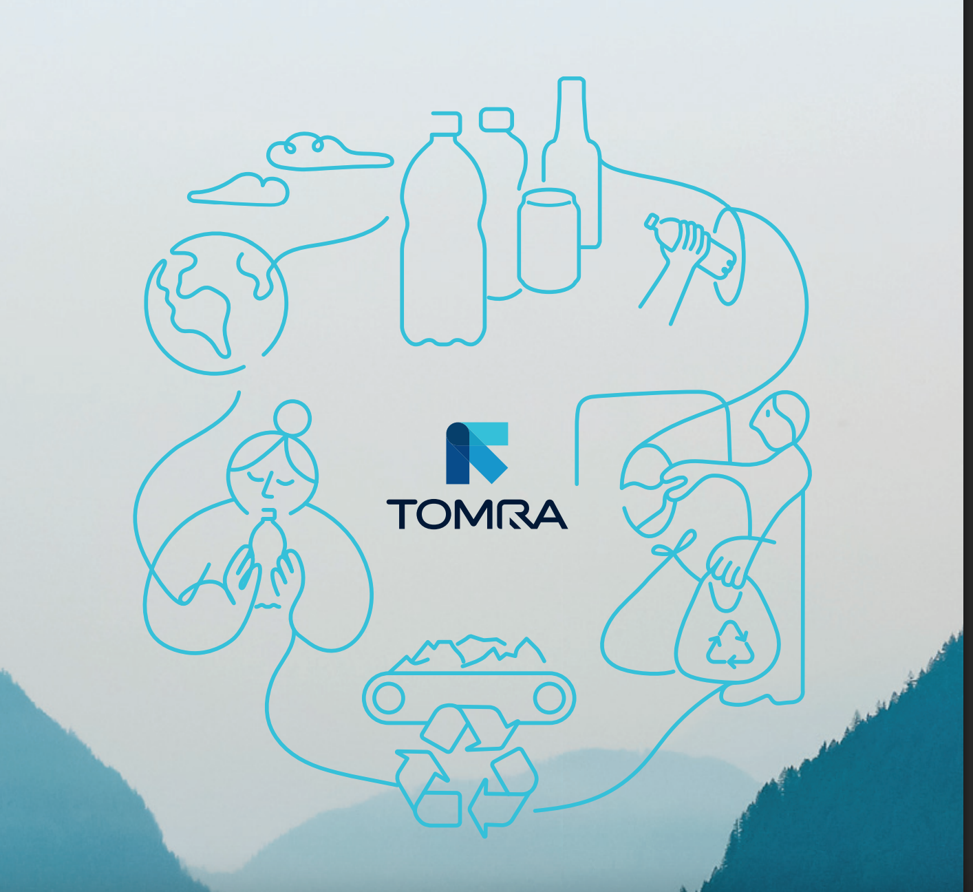 Illustration showing the recycling process around TOMRA logo with outlines of bottles, hands holding a bottle, a person depositing items in recycling bag, earth, recycling conveyor, and recycling symbol on a misty mountain background.