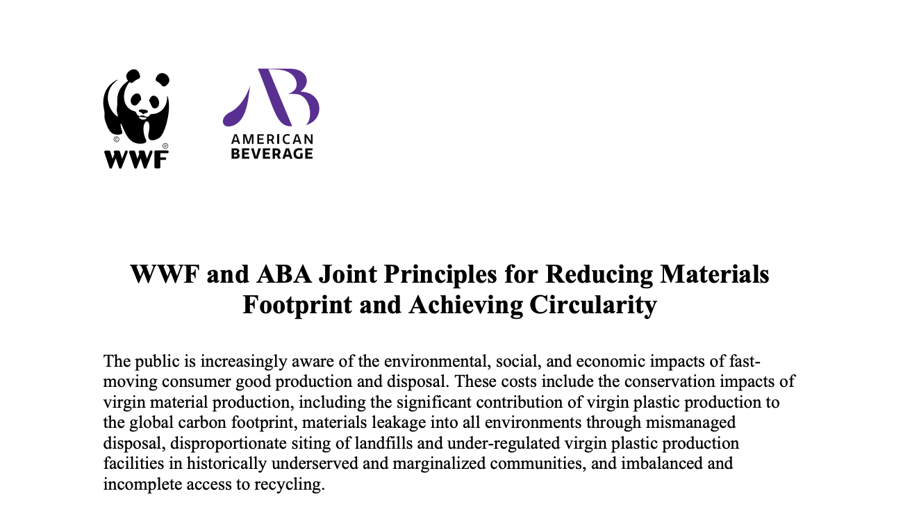 Logos of WWF and American Beverage Association with the title 'WWF and ABA Joint Principles for Reducing Materials Footprint and Achieving Circularity' and a paragraph about environmental, social, and economic impacts of consumer goods production and disposal.