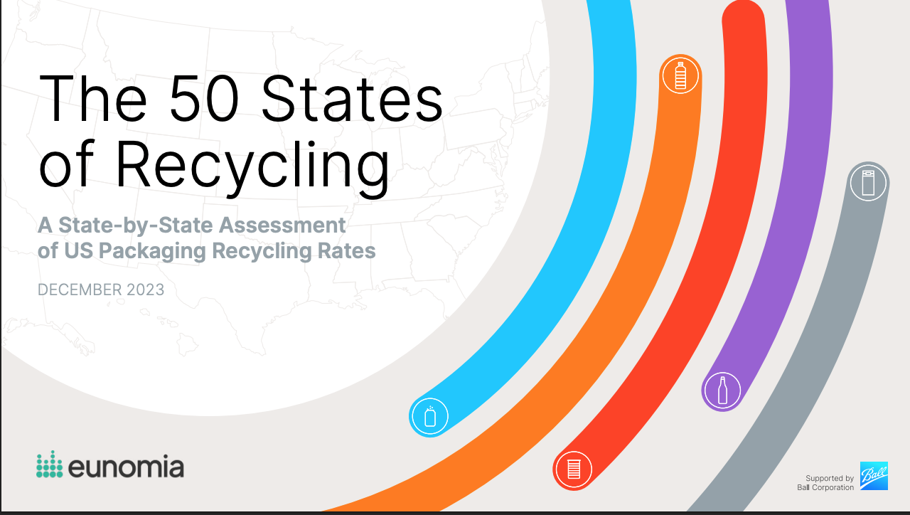 Title slide with text 'The 50 States of Recycling: A State-by-State Assessment of US Packaging Recycling Rates, December 2023' and colored arcs representing different recyclable packaging types.
