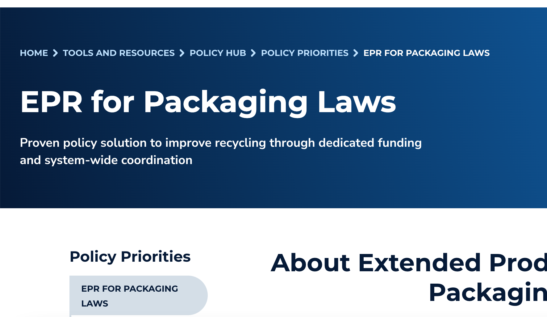 Website page header titled 'EPR for Packaging Laws' with navigation breadcrumb and subtitle about improving recycling through funding and coordination.