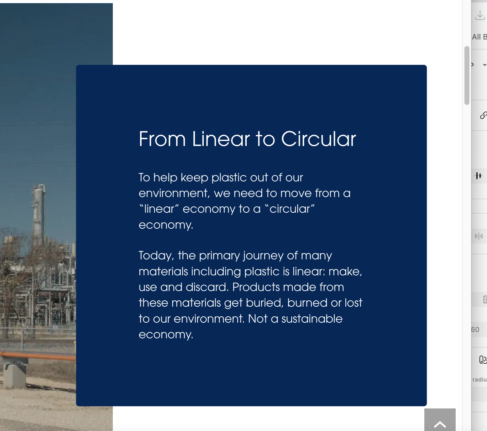 Text panel titled 'From Linear to Circular' explaining the shift needed from a linear economy of making, using, and discarding plastic to a circular economy to reduce environmental waste.