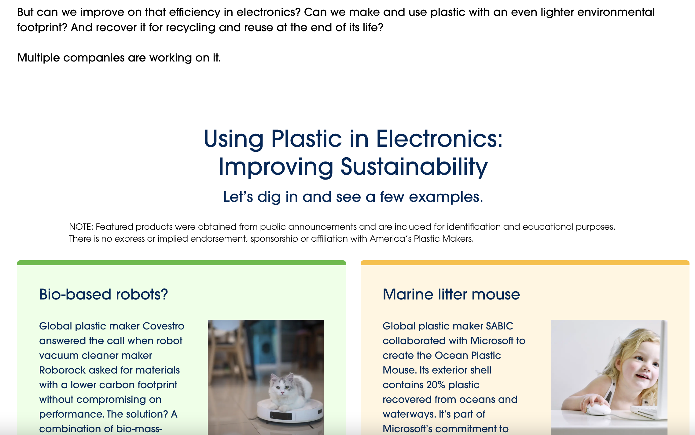 Two side-by-side panels describing sustainability in electronics: left panel titled 'Bio-based robots?' with text about Covestro and Roborock and an image of a cat sitting on a robot vacuum; right panel titled 'Marine litter mouse' with text about SABIC and Microsoft and an image of a girl using a computer mouse.
