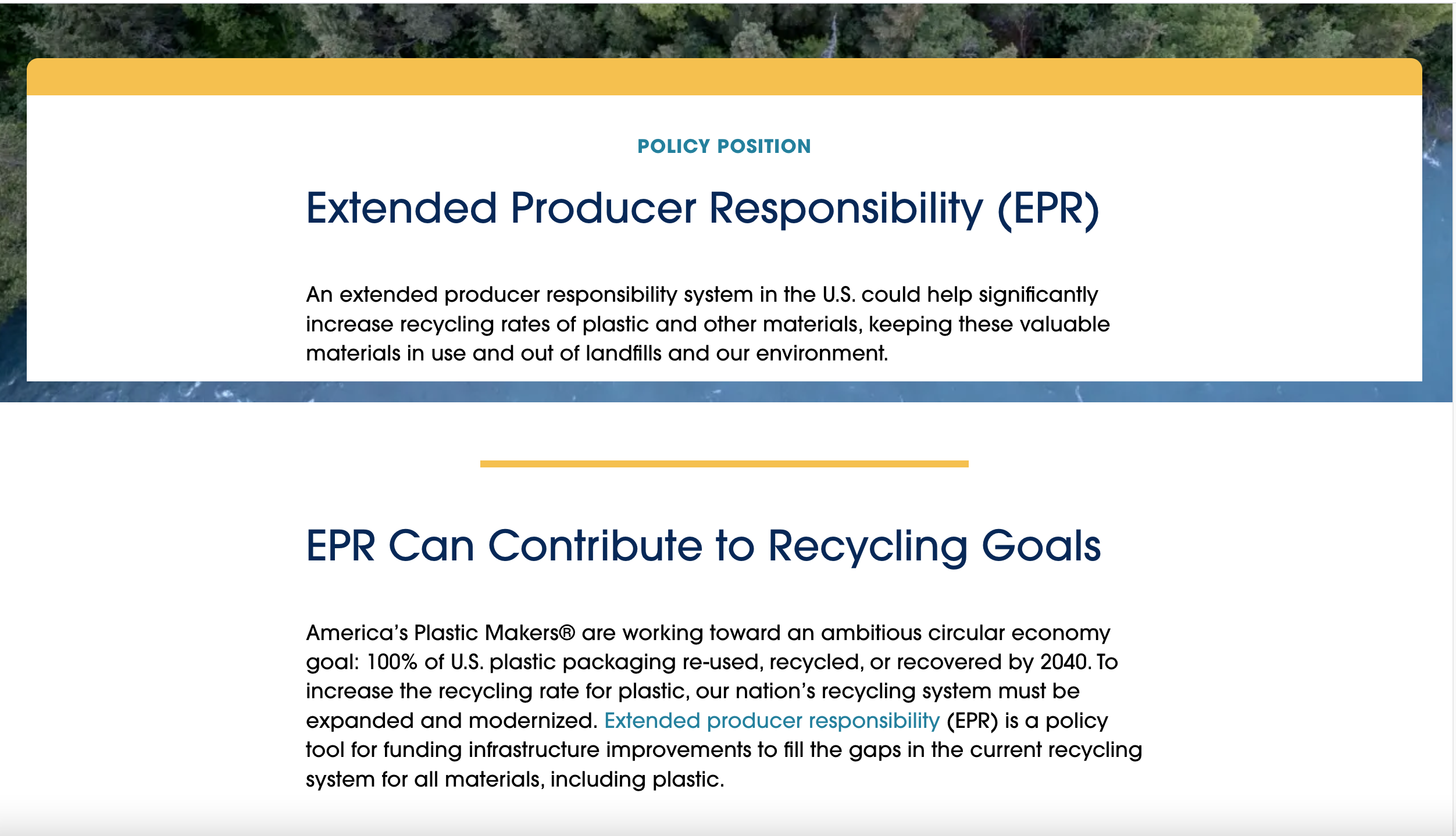 Text about Extended Producer Responsibility (EPR) explaining its role in increasing recycling rates and contributing to U.S. recycling goals by 2040.