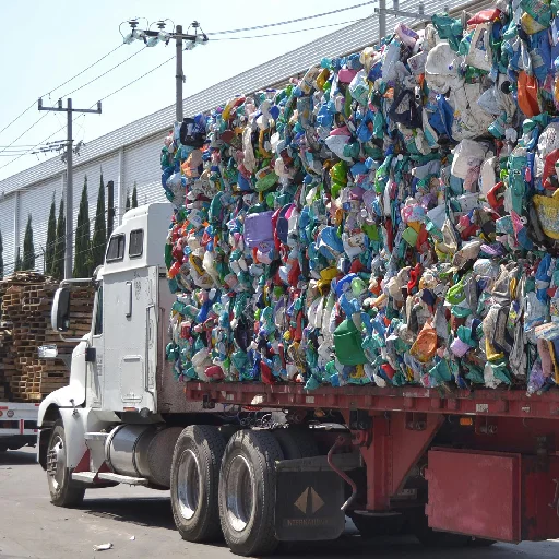 Semi truck loaded with large compressed bales of colorful recycled plastic bottles at a recycling facility.