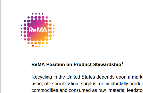 ReMA logo with gradient dots forming a circle around the text, accompanied by a document titled 'ReMA Position on Product Stewardship'.