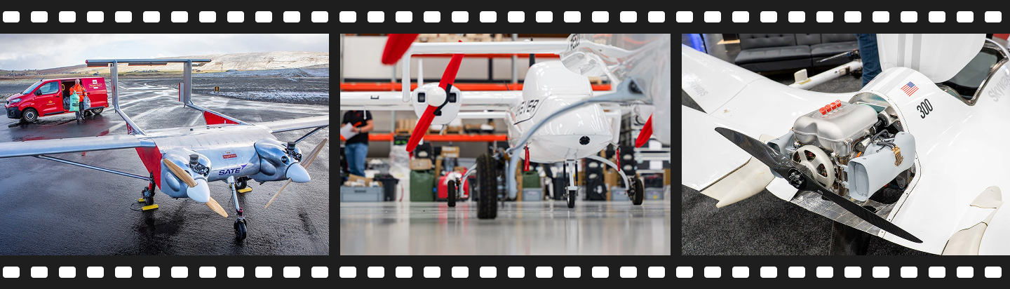Alaris Pro | aircraft and drone technology: a small twin-prop plane on wet tarmac with people nearby, a red-propeller drone in a hangar with people in the background, and a close-up of a white drone's engine and propeller.