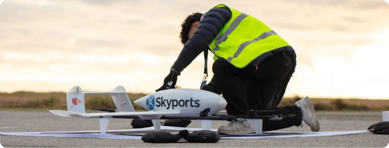 Alaris Pro | drone labeled Skyports outdoors.