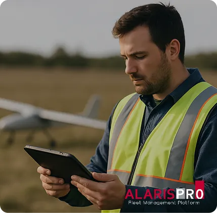 Alaris Pro | Man in a high-visibility vest holding a tablet with a small airplane in the blurred background outdoors.