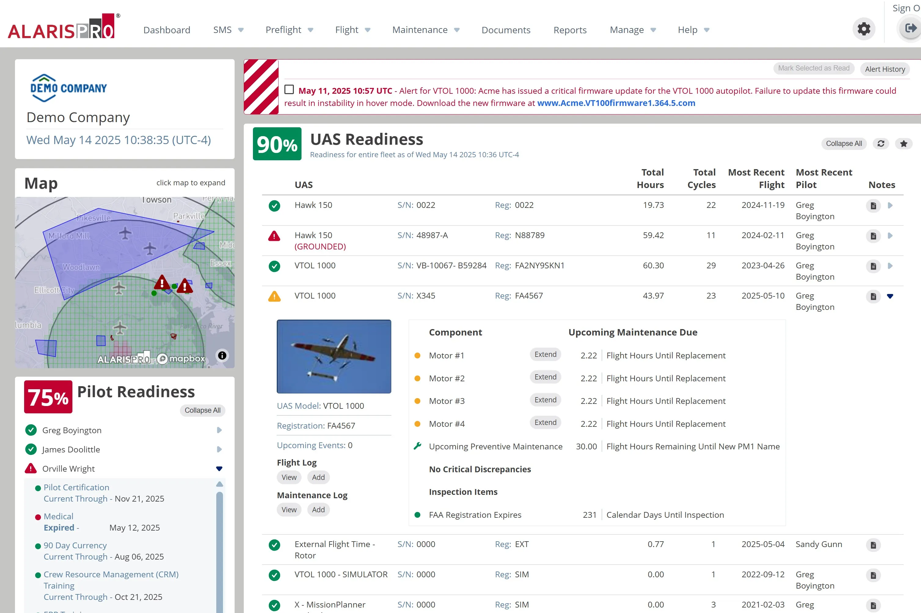 Alaris Pro | Dashboard UAS readiness at 81%, with details of three UAVs including flight hours and maintenance alerts, map of flight area, pilot readiness at 100%, UAS model image, and project events list.