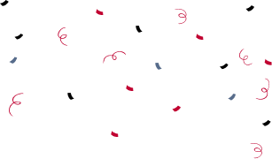 Scattered red and blue curling confetti pieces on a white background.