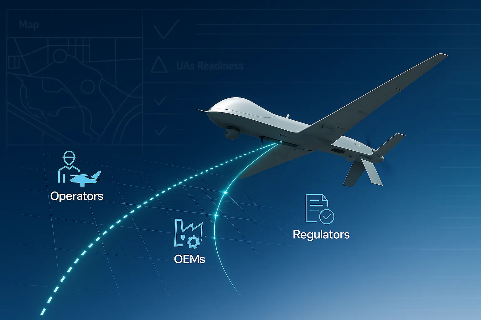 Alaris Pro | Drone flying against a blue background with icons