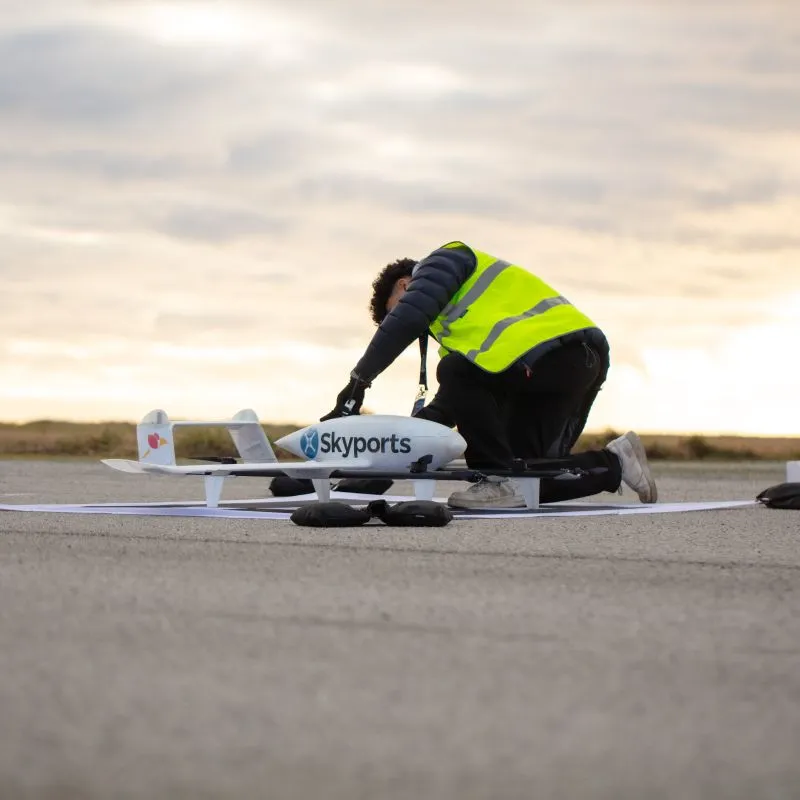 Person wearing a high-visibility vest kneeling on the ground working on a small drone labeled Skyports.