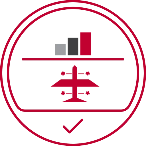 Alaris Pro | Red outline of an airplane below a performance bar chart with a checkmark inside a double circle.