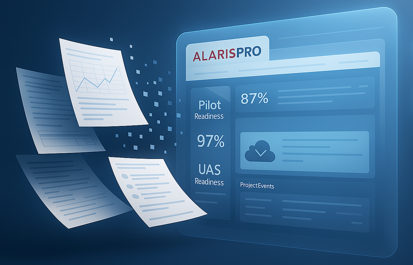 Alaris Pro | Drone flying against a blue background with icons