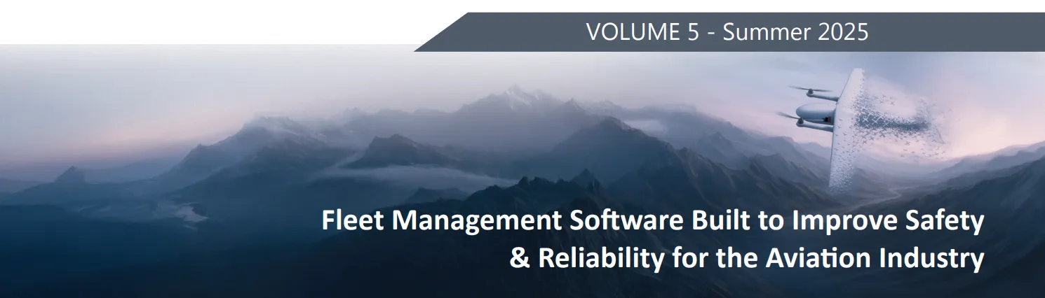 Alaris Pro |  Mountain landscape with fog and a drone transforming into digital particles, titled 'VOLUME 5 - Summer 2025' with text about fleet management software for aviation safety and reliability.
